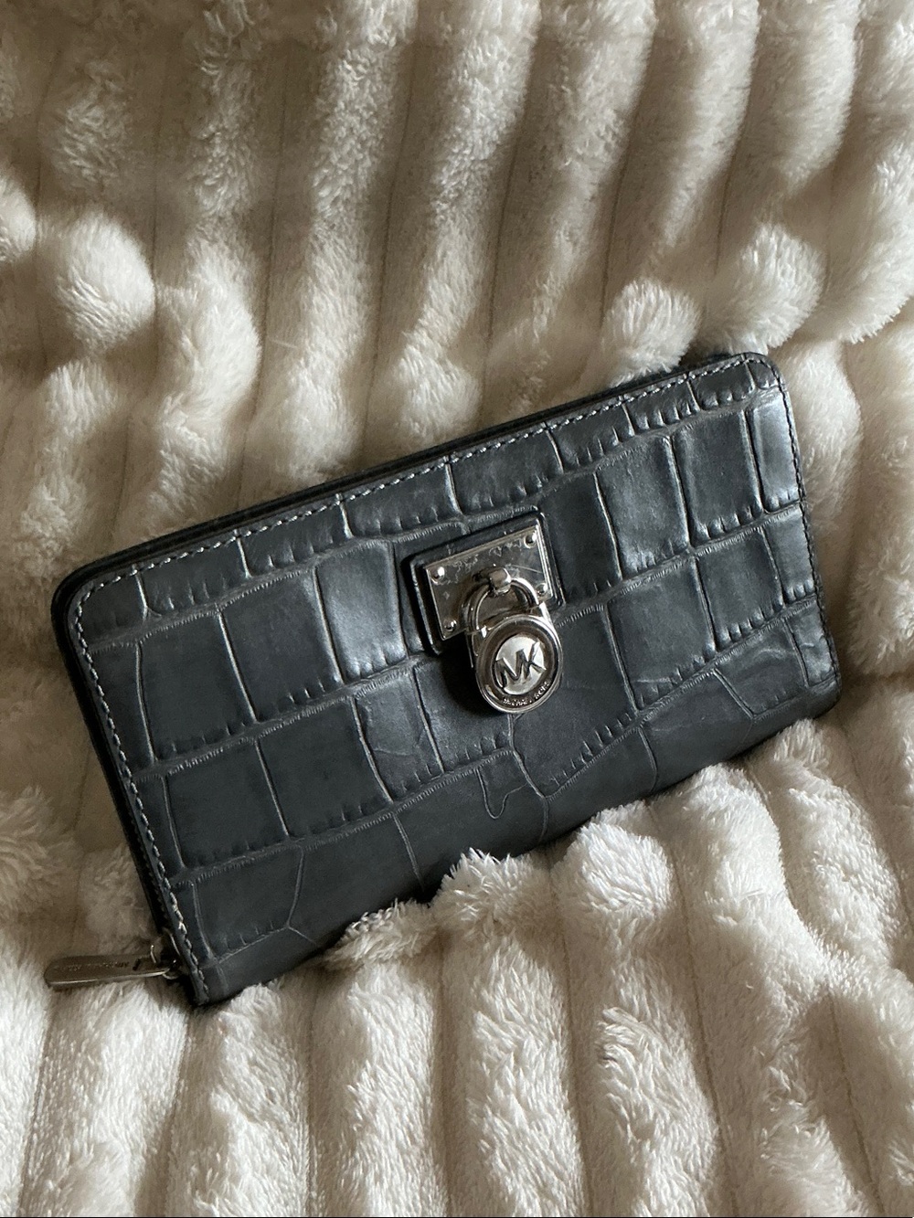 Michael Kors Grey Croc-Embossed Zip Around Wallet with Silver Hardware